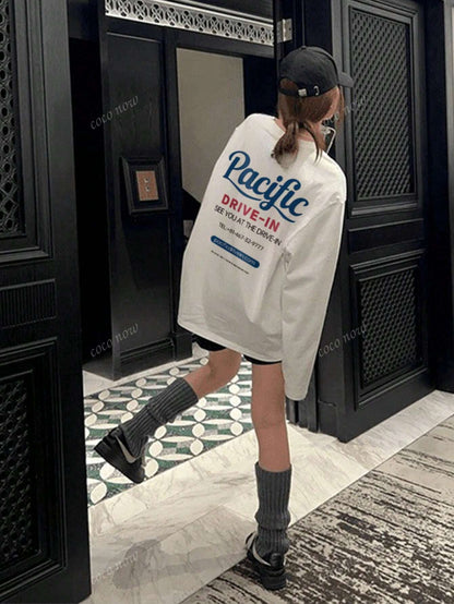 SXV Pacific drive in Women Casual Letter Print Crew Neck Oversized Cute Loose Long Sleeve T-Shirt Top, Autumn