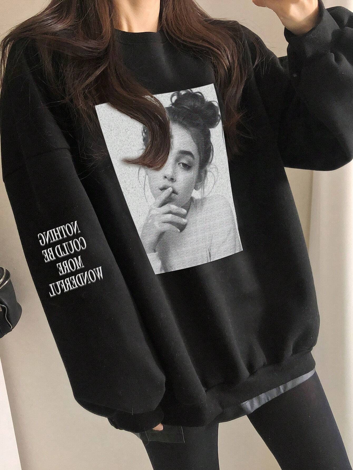 SXV Women Portrait Graphic Loose Fit Crew Neck Sweatshirt,Fall Clothes