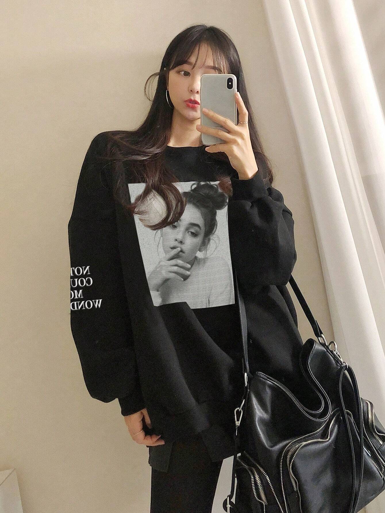 SXV Women Portrait Graphic Loose Fit Crew Neck Sweatshirt,Fall Clothes