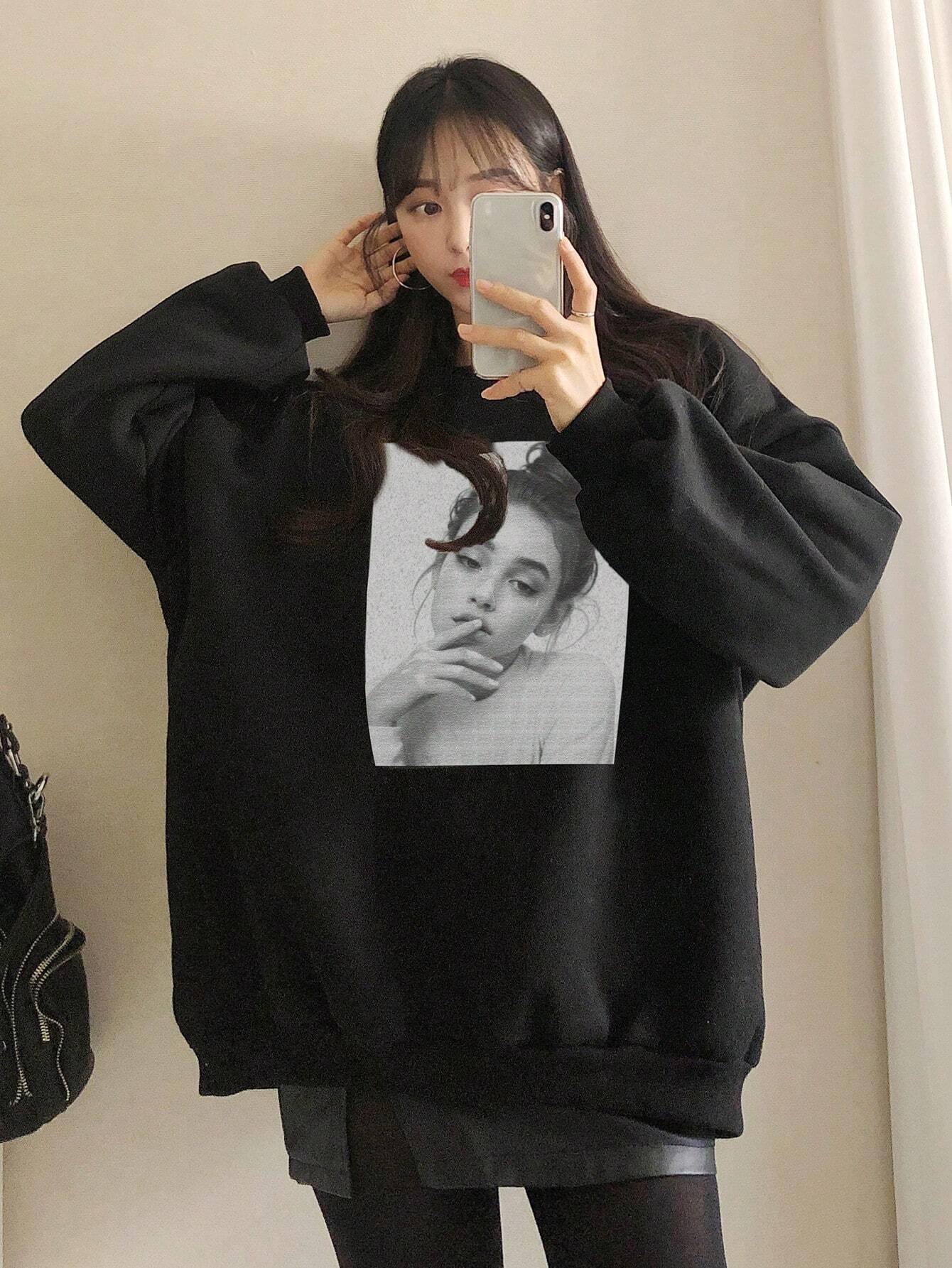 SXV Women Portrait Graphic Loose Fit Crew Neck Sweatshirt,Fall Clothes
