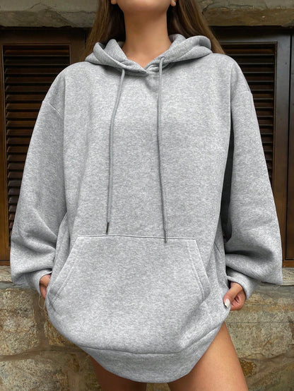 SXV Grey Solid Autumn New Loose Casual Hooded Sweatshirt For Women