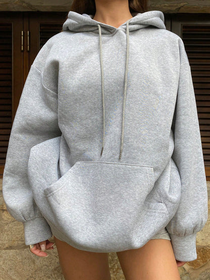 SXV Grey Solid Autumn New Loose Casual Hooded Sweatshirt For Women