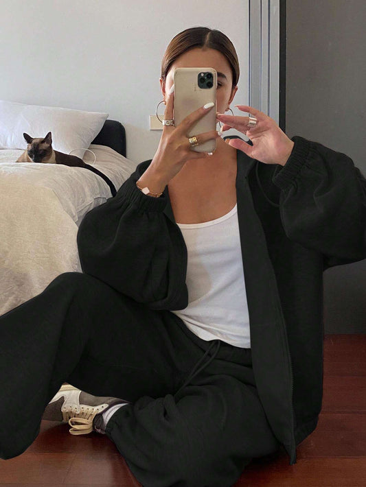 SXV 2pcs Women's Loose Solid Color Drop Shoulder Long Sleeve Hoodie And Sweatpants Casual Set, Autumn