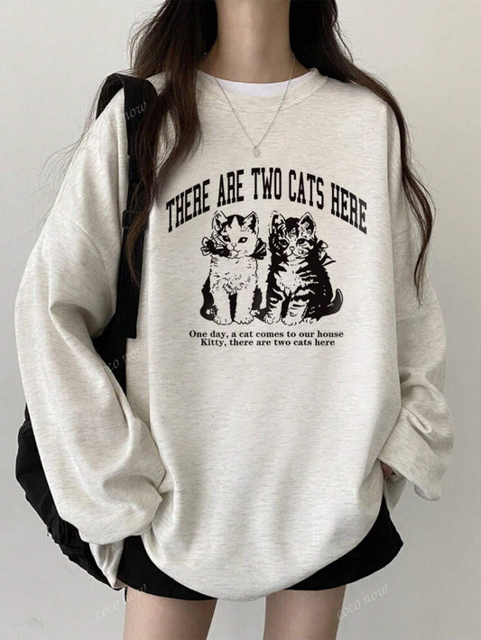 SXV There are two cats here printed New Casual Cute Cartoon Print Long Sleeve T-Shirt Top For Teen Girls