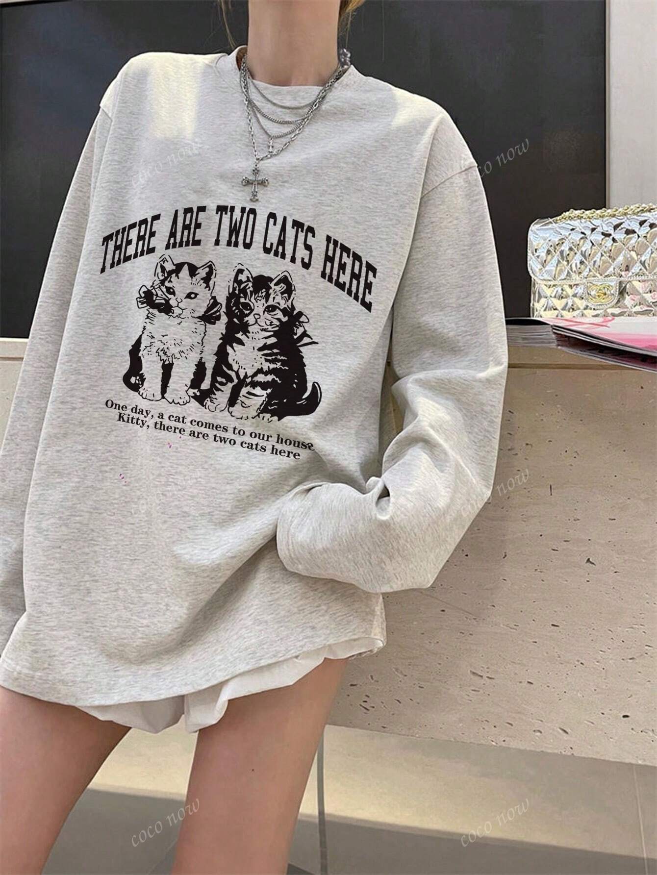 SXV There are two cats here printed New Casual Cute Cartoon Print Long Sleeve T-Shirt Top For Teen Girls