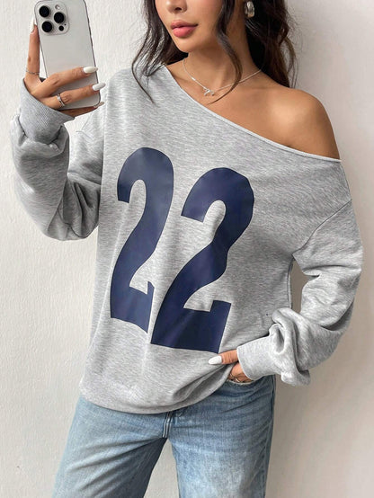 SXV Gray Graphic No.22 Print Casual Drop Shoulder Long Sleeve Ribbed Sweatshirt Pullover Fall Outfit