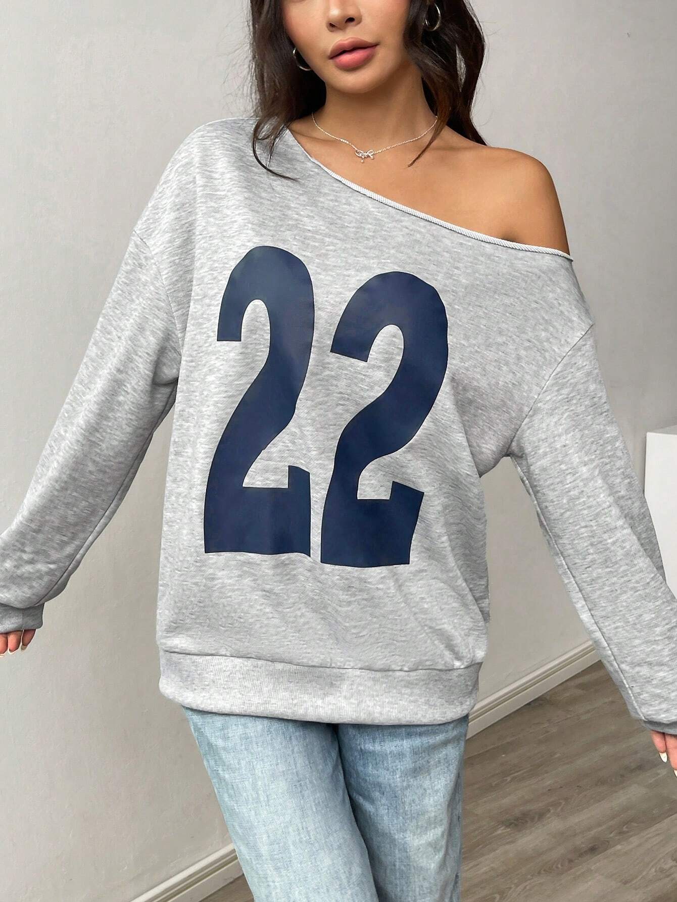 SXV Gray Graphic No.22 Print Casual Drop Shoulder Long Sleeve Ribbed Sweatshirt Pullover Fall Outfit