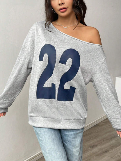SXV Gray Graphic No.22 Print Casual Drop Shoulder Long Sleeve Ribbed Sweatshirt Pullover Fall Outfit