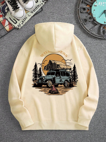 SXV Men's Outdoor Landscape Artwork Forest Camping Element Print Long Sleeve Casual Fleece Hoodie