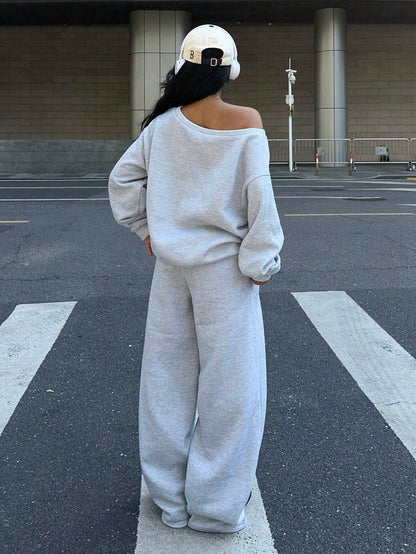 SXV 2pcs Ahletic dept Women's Set Oversized Off-Shoulder Loose Sweatshirt And Wide-Leg Thermal Lined Sweatpants For Autumn