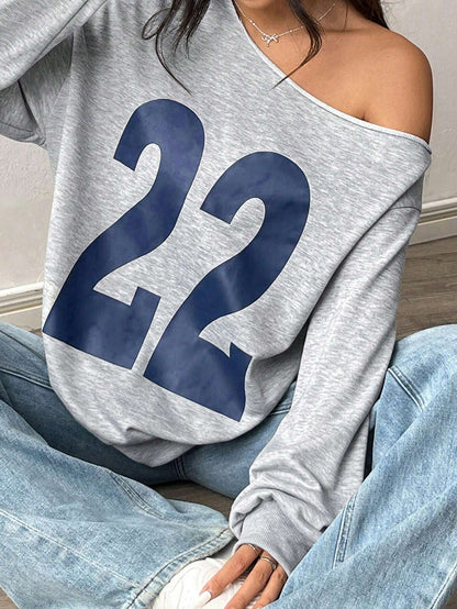 SXV Gray Graphic No.22 Print Casual Drop Shoulder Long Sleeve Ribbed Sweatshirt Pullover Fall Outfit