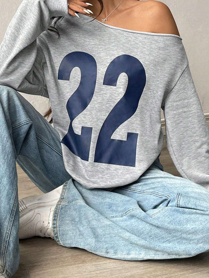 SXV Gray Graphic No.22 Print Casual Drop Shoulder Long Sleeve Ribbed Sweatshirt Pullover Fall Outfit