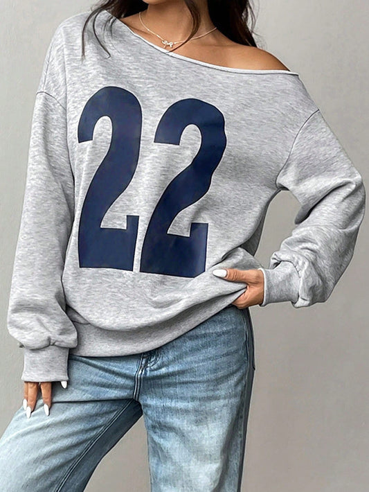 SXV Gray Graphic No.22 Print Casual Drop Shoulder Long Sleeve Ribbed Sweatshirt Pullover Fall Outfit
