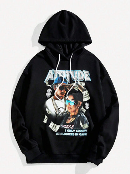 SXV Attitude Casual Fashion Men 3D Figure & Rhinestone Letter Print Drop Shoulder Loose Fit Drawstring Hooded Sweatshirt