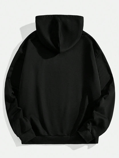 SXV Attitude Casual Fashion Men 3D Figure & Rhinestone Letter Print Drop Shoulder Loose Fit Drawstring Hooded Sweatshirt