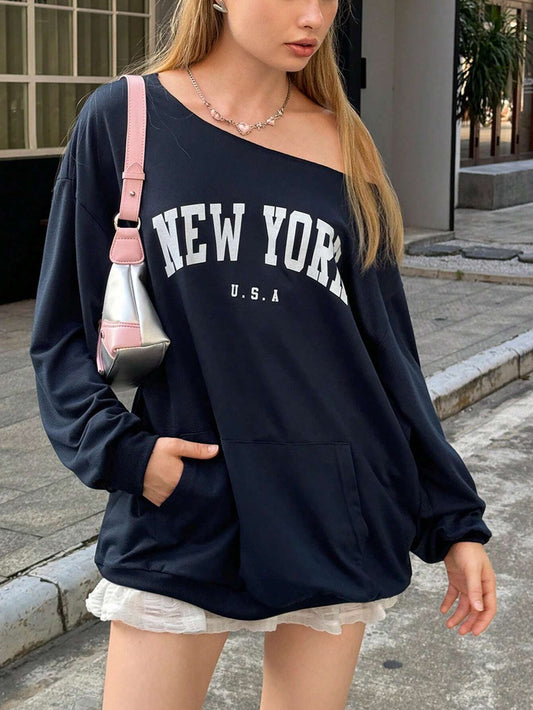 SXV Women's Asymmetrical Neck Long Sleeve Letter Print Minimalist Sweatshirt,