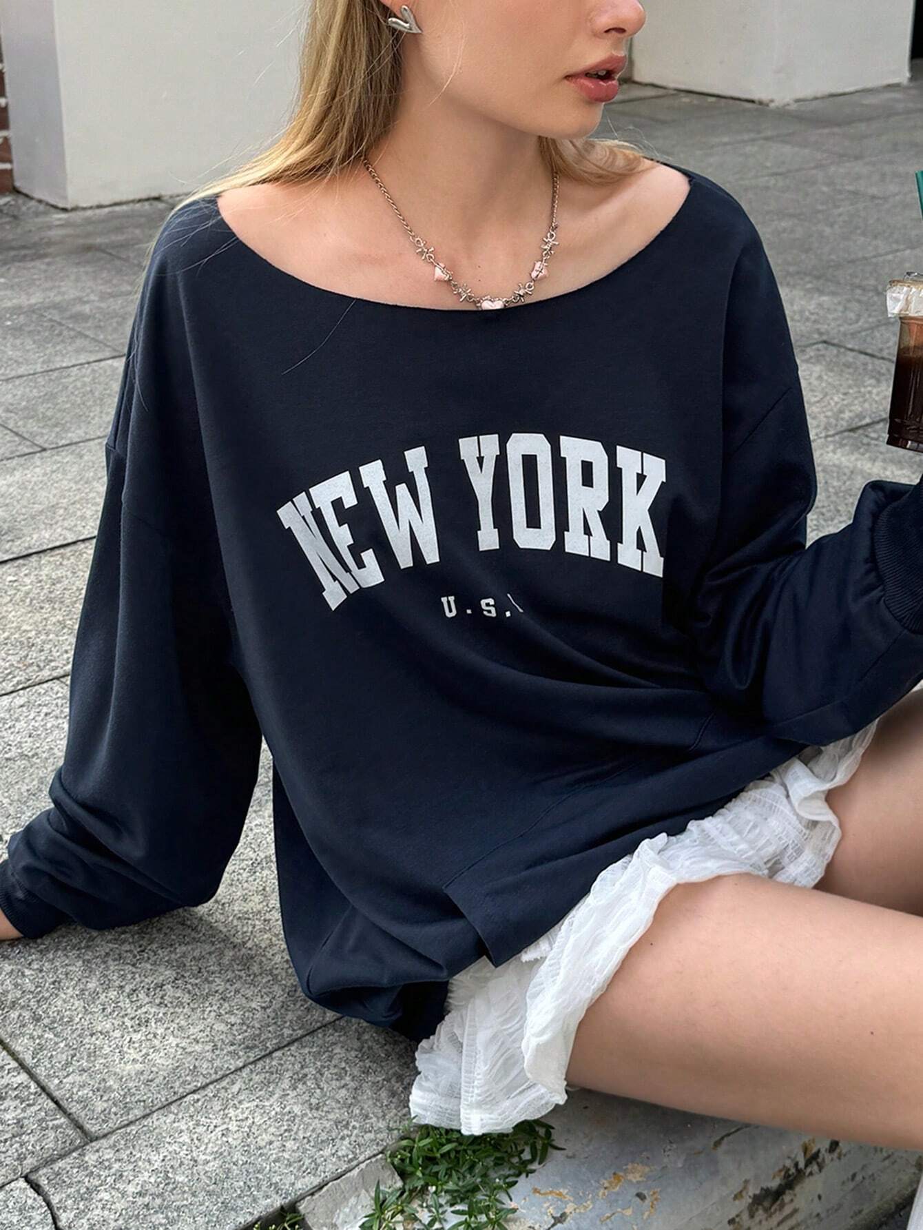 SXV Women's Asymmetrical Neck Long Sleeve Letter Print Minimalist Sweatshirt,