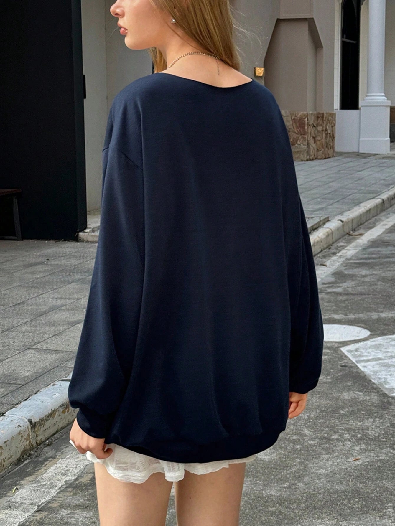 SXV Women's Asymmetrical Neck Long Sleeve Letter Print Minimalist Sweatshirt,