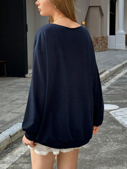 SXV Women's Asymmetrical Neck Long Sleeve Letter Print Minimalist Sweatshirt,