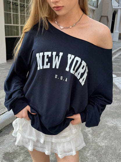 SXV Women's Asymmetrical Neck Long Sleeve Letter Print Minimalist Sweatshirt,