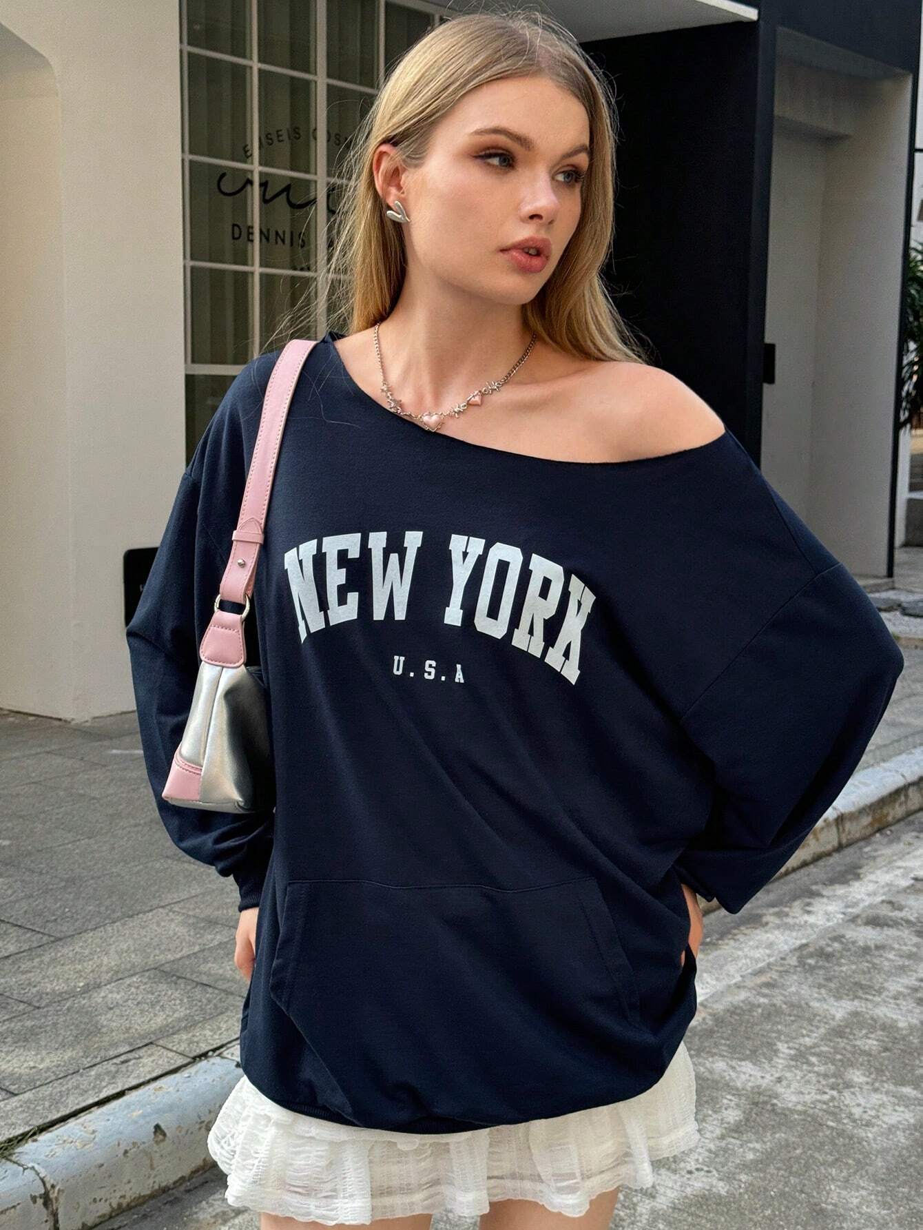 SXV Women's Asymmetrical Neck Long Sleeve Letter Print Minimalist Sweatshirt,