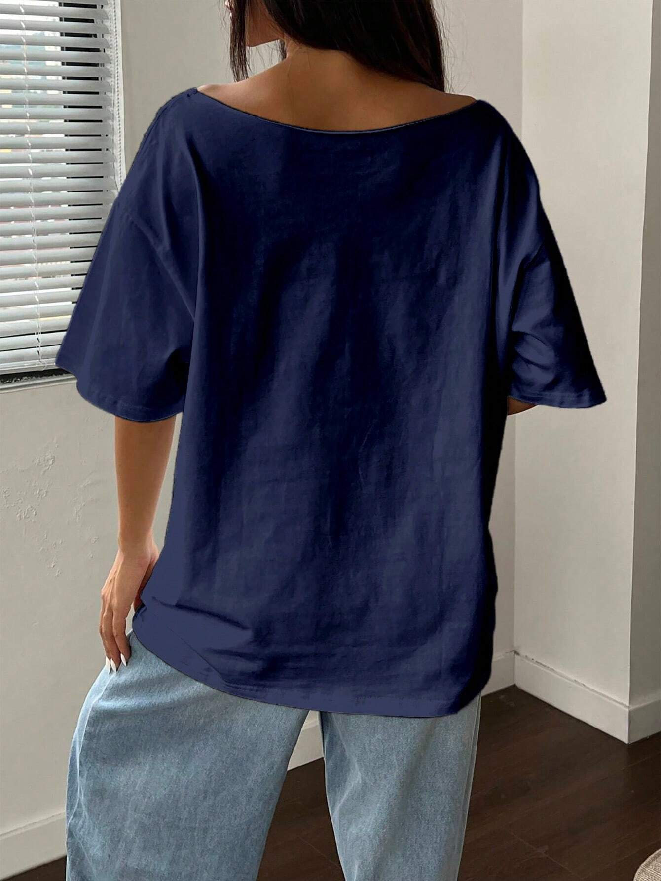 SXV Margarita Women's Casual Letter Print Oblique Shoulder Loose T-Shirt