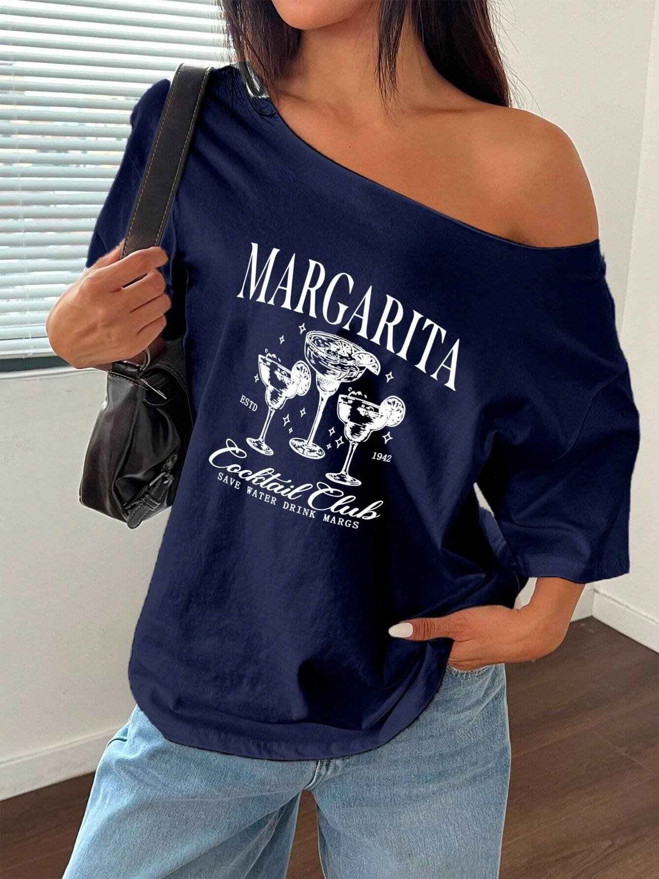 SXV Margarita Women's Casual Letter Print Oblique Shoulder Loose T-Shirt