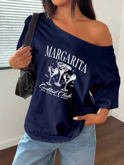 SXV Margarita Women's Casual Letter Print Oblique Shoulder Loose T-Shirt