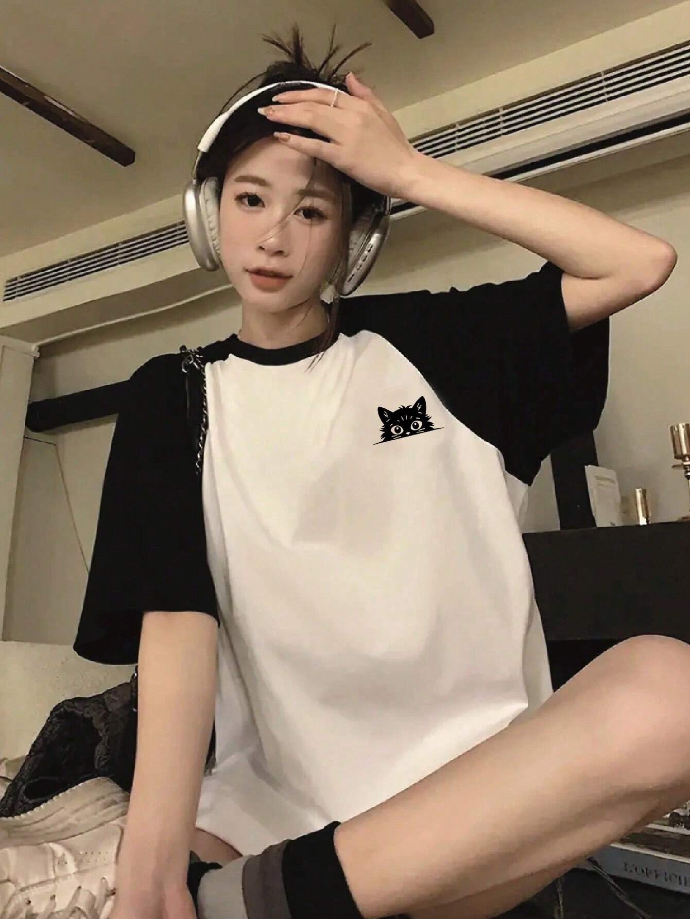 SXV Women's Casual Loose Colorblock Cartoon Cat Print Round Neck Raglan Sleeve T-Shirt, Summer Graphic Tees Women Tops