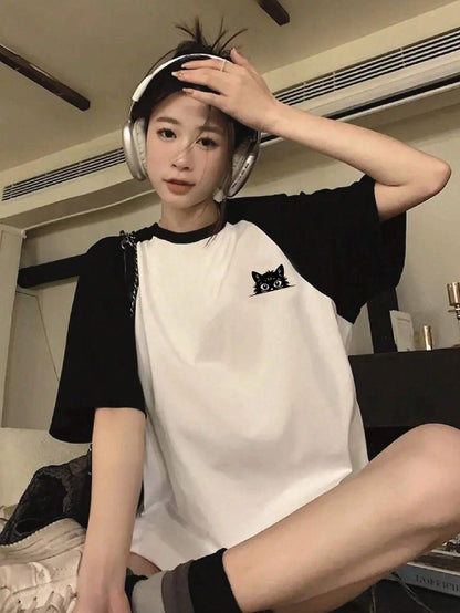 SXV Women's Casual Loose Colorblock Cartoon Cat Print Round Neck Raglan Sleeve T-Shirt, Summer Graphic Tees Women Tops