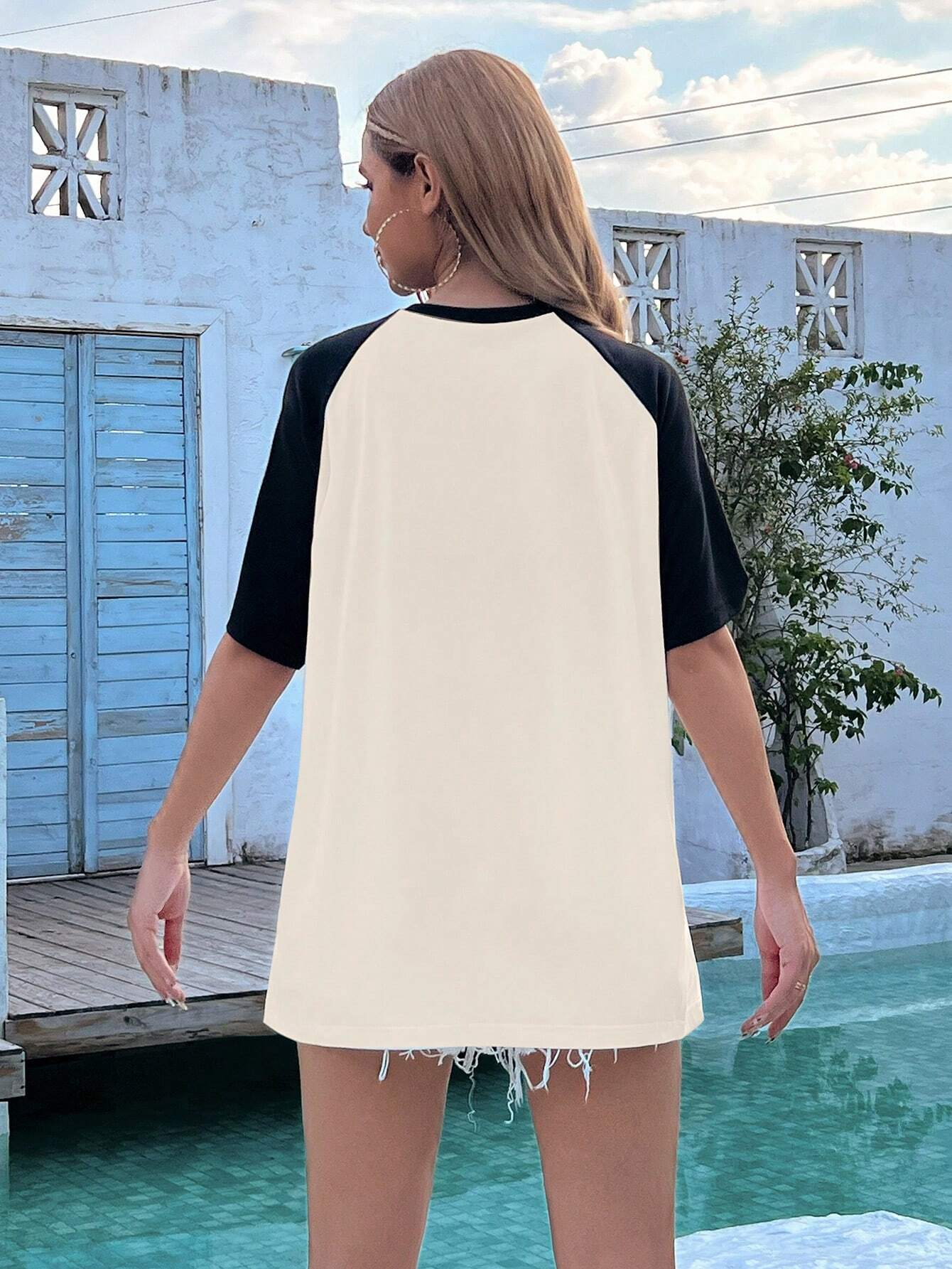 SXV Women's Casual Loose Colorblock Cartoon Cat Print Round Neck Raglan Sleeve T-Shirt, Summer Graphic Tees Women Tops