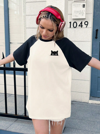 SXV Women's Casual Loose Colorblock Cartoon Cat Print Round Neck Raglan Sleeve T-Shirt, Summer Graphic Tees Women Tops
