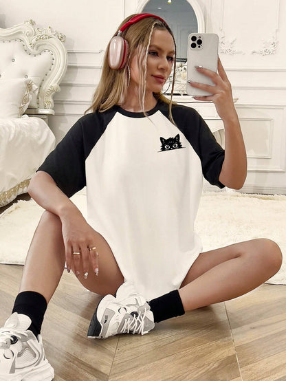 SXV Women's Casual Loose Colorblock Cartoon Cat Print Round Neck Raglan Sleeve T-Shirt, Summer Graphic Tees Women Tops