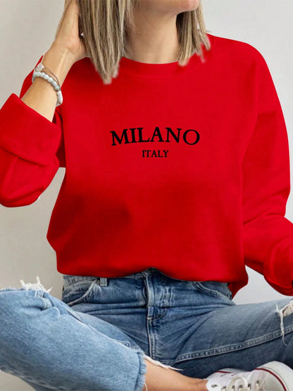 SXV Casual Minimalist Milano Print Pattern Round Neck Long Sleeve Loose Women Sweatshirt Autumn And Winter