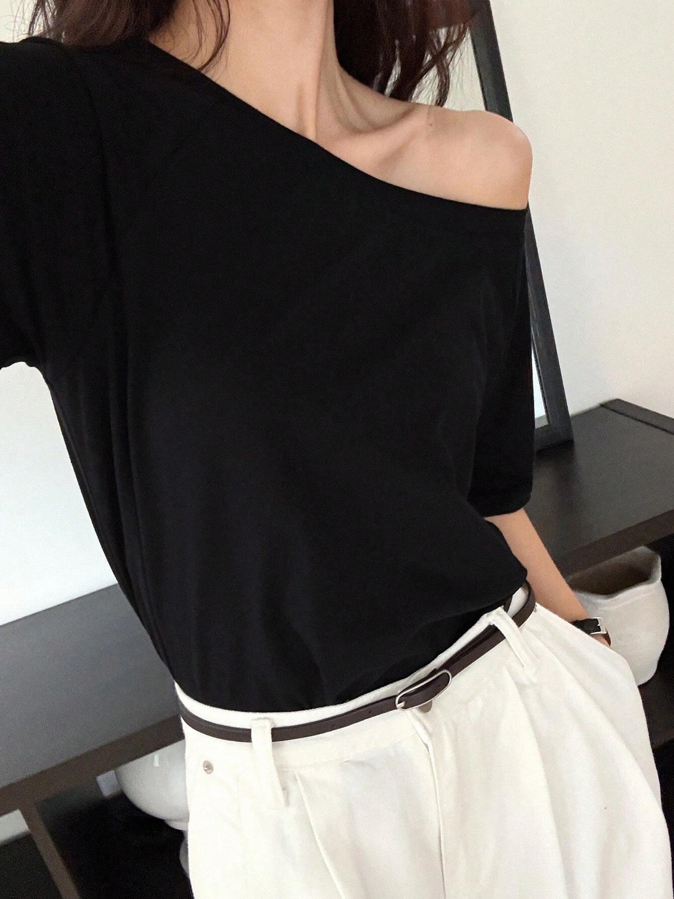 SXV PLAIN OFF SHOULDER BLACK TSHIRT