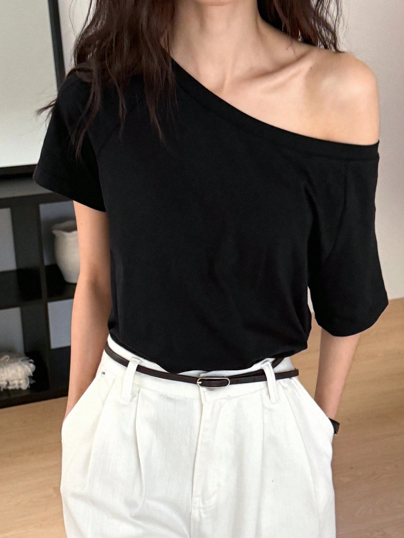 SXV PLAIN OFF SHOULDER BLACK TSHIRT