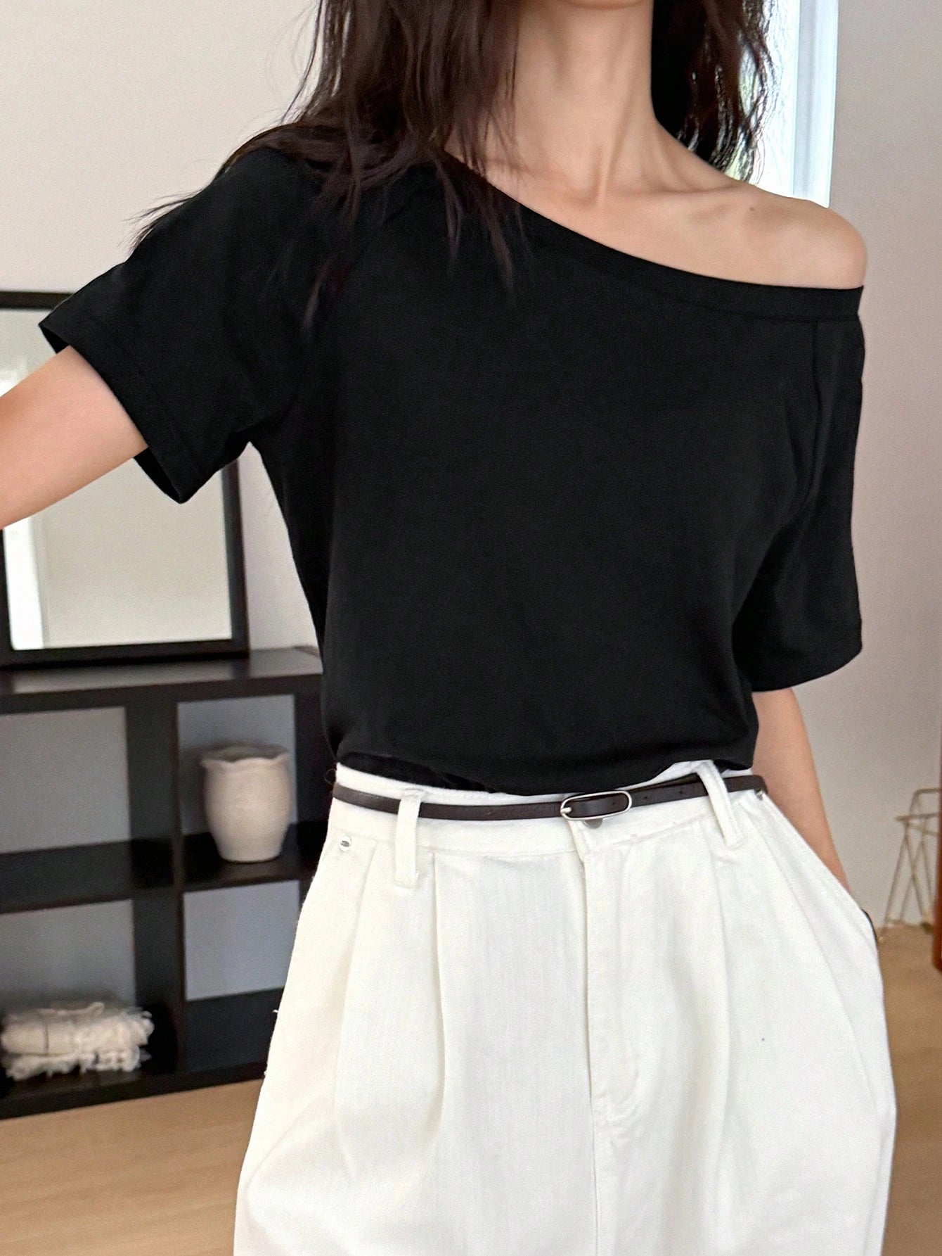 SXV PLAIN OFF SHOULDER BLACK TSHIRT