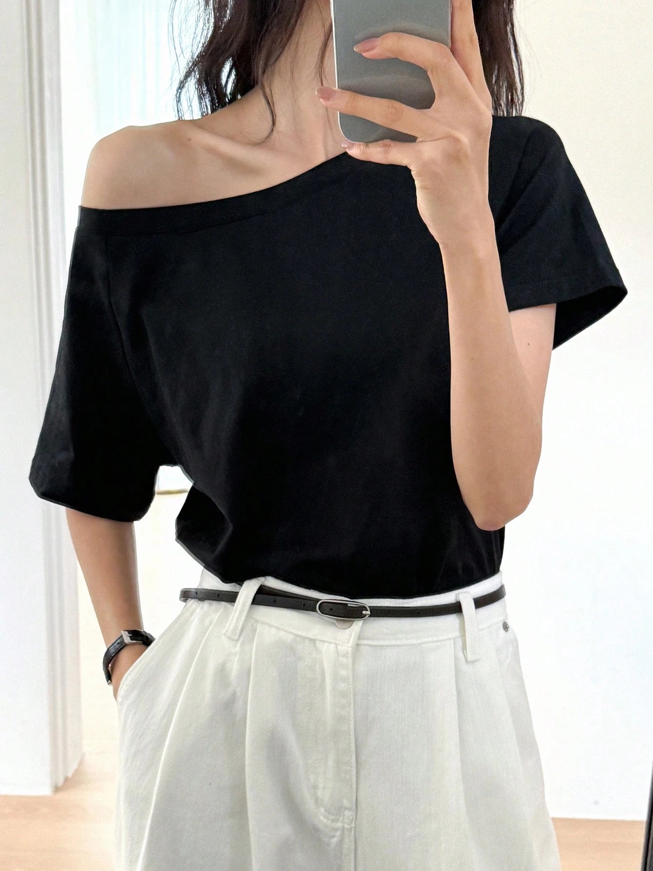 SXV PLAIN OFF SHOULDER BLACK TSHIRT