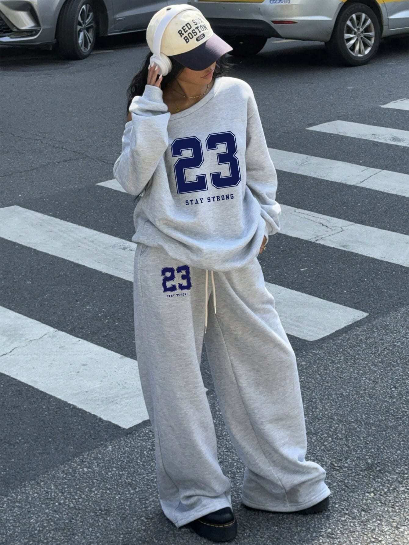 SXV 2pcs Women's 23 Number Graphic Wide Neck Off Shoulder Loose Sweatshirt And Wide-Leg Thick Warm Pants Set, Suitable For Autumn