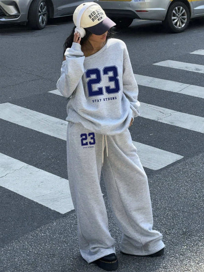 SXV 2pcs Women's 23 Number Graphic Wide Neck Off Shoulder Loose Sweatshirt And Wide-Leg Thick Warm Pants Set, Suitable For Autumn