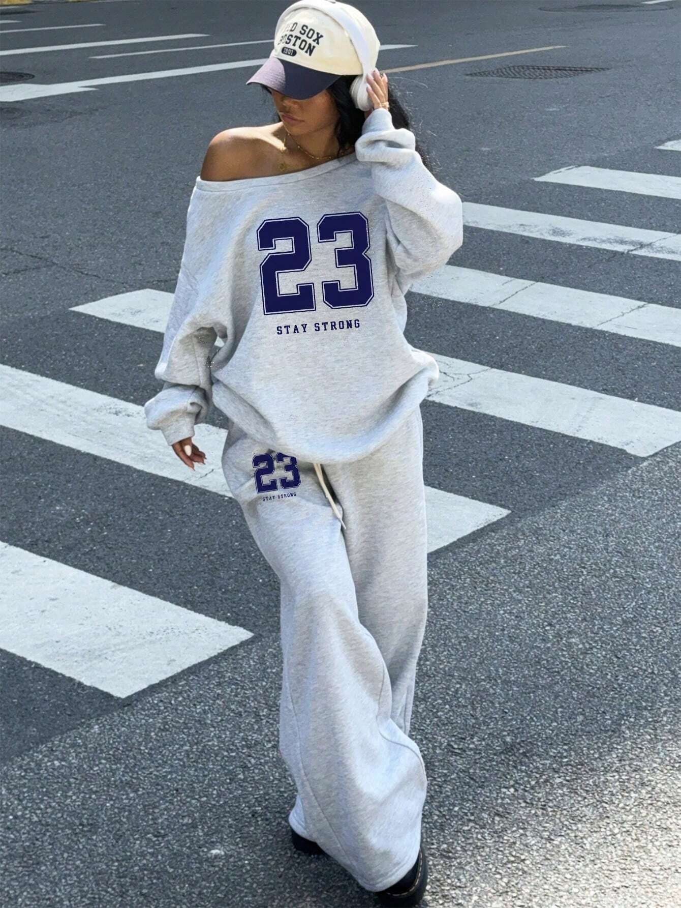 SXV 2pcs Women's 23 Number Graphic Wide Neck Off Shoulder Loose Sweatshirt And Wide-Leg Thick Warm Pants Set, Suitable For Autumn