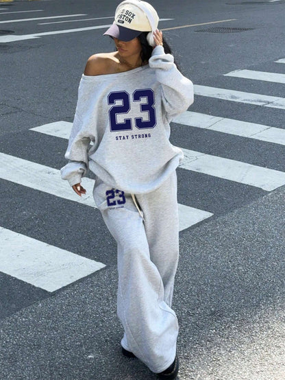 SXV 2pcs Women's 23 Number Graphic Wide Neck Off Shoulder Loose Sweatshirt And Wide-Leg Thick Warm Pants Set, Suitable For Autumn