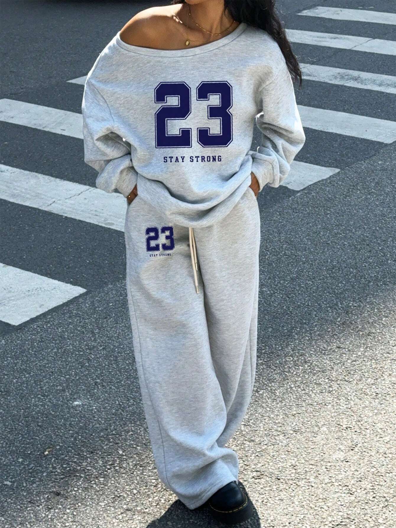 SXV 2pcs Women's 23 Number Graphic Wide Neck Off Shoulder Loose Sweatshirt And Wide-Leg Thick Warm Pants Set, Suitable For Autumn