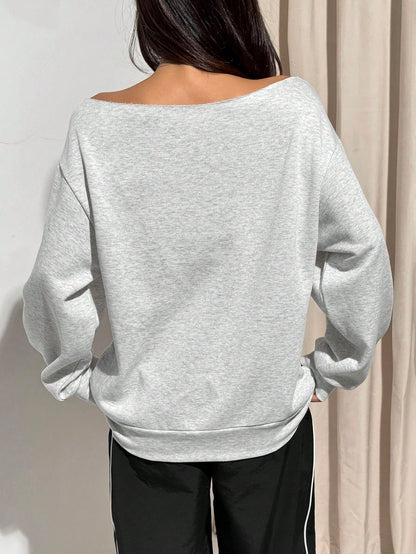SXV Women Letter Print Dropped Shoulder Long Sleeve Loose Casual Sweatshirt, Autumn