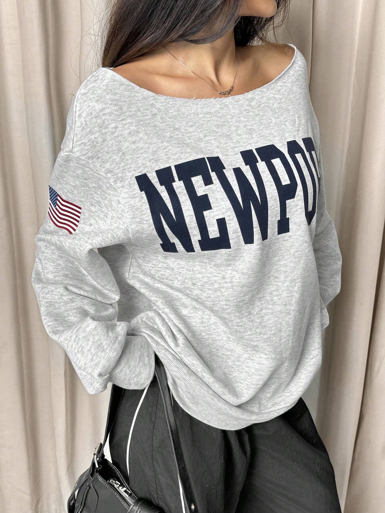 SXV Women Letter Print Dropped Shoulder Long Sleeve Loose Casual Sweatshirt, Autumn