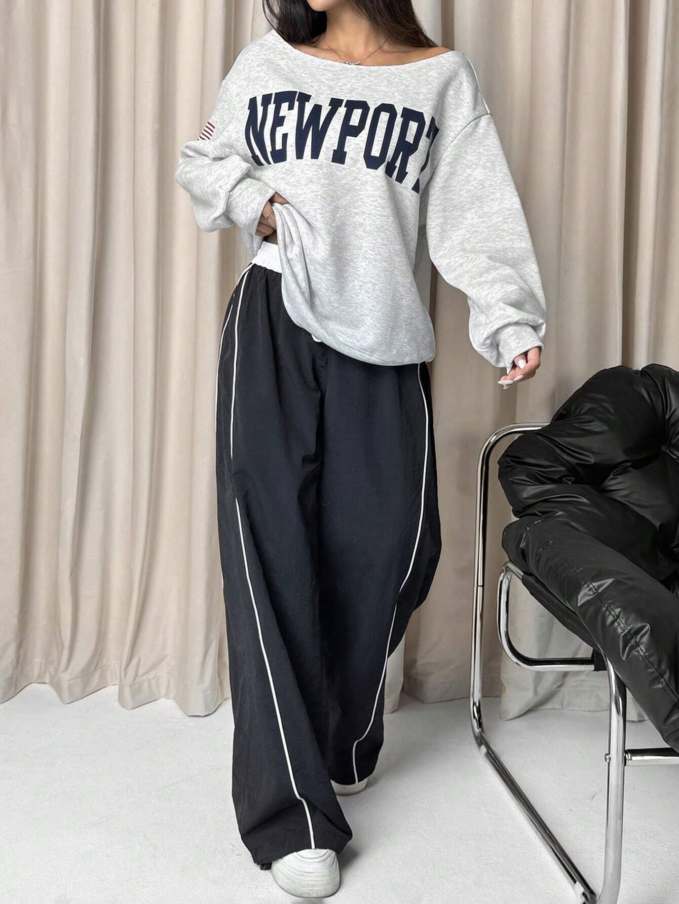 SXV Women Letter Print Dropped Shoulder Long Sleeve Loose Casual Sweatshirt, Autumn