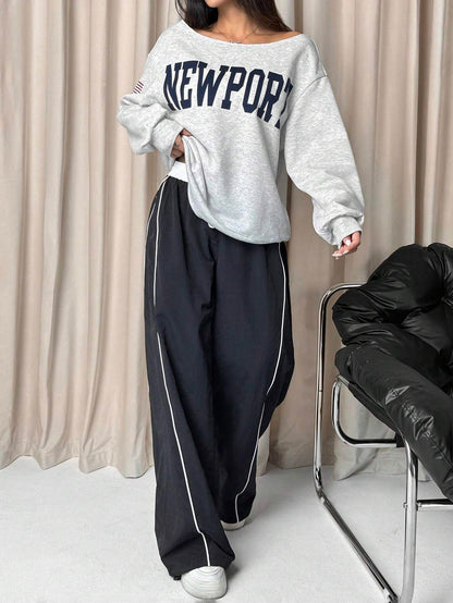 SXV Women Letter Print Dropped Shoulder Long Sleeve Loose Casual Sweatshirt, Autumn