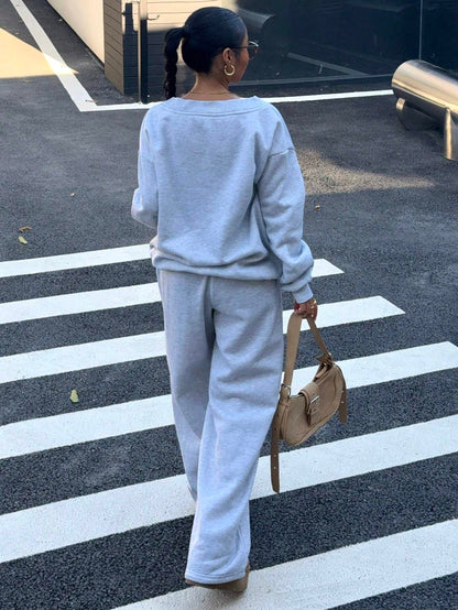 SXV 2pcs Women Oversized V-Neck Fluffy Fleece Elastic Loose Sweatshirt And Sweatpants Set, Autumn