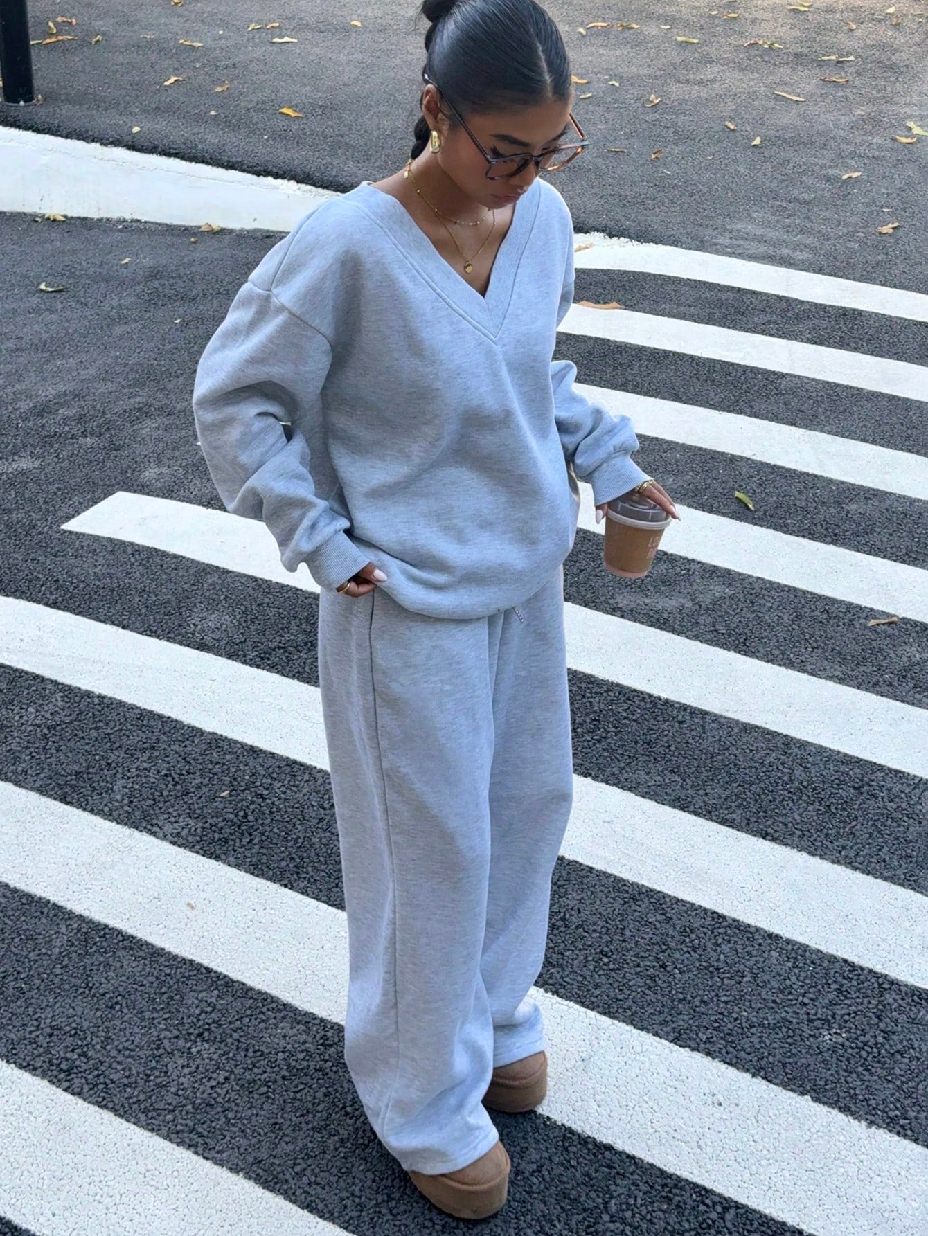 SXV Women's Oversized V-Neck Fluffy Soft Stretch Loose Sweatshirt And Sweatpants 2 Pieces Set, Autumn