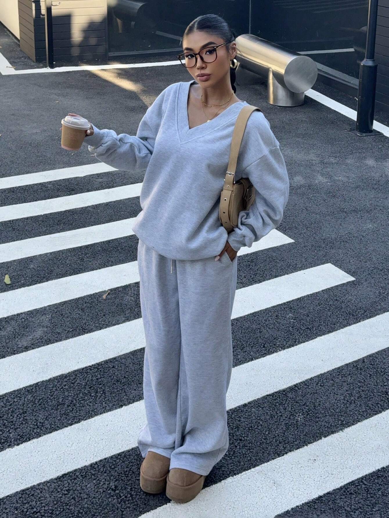 SXV Women's Oversized V-Neck Fluffy Soft Stretch Loose Sweatshirt And Sweatpants 2 Pieces Set, Autumn